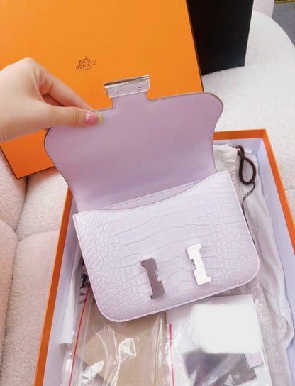 HERMES MATTE MAUVE PALE ALLIGATOR MINI CONSTANCE WITH PALLADIUM HARDWARE