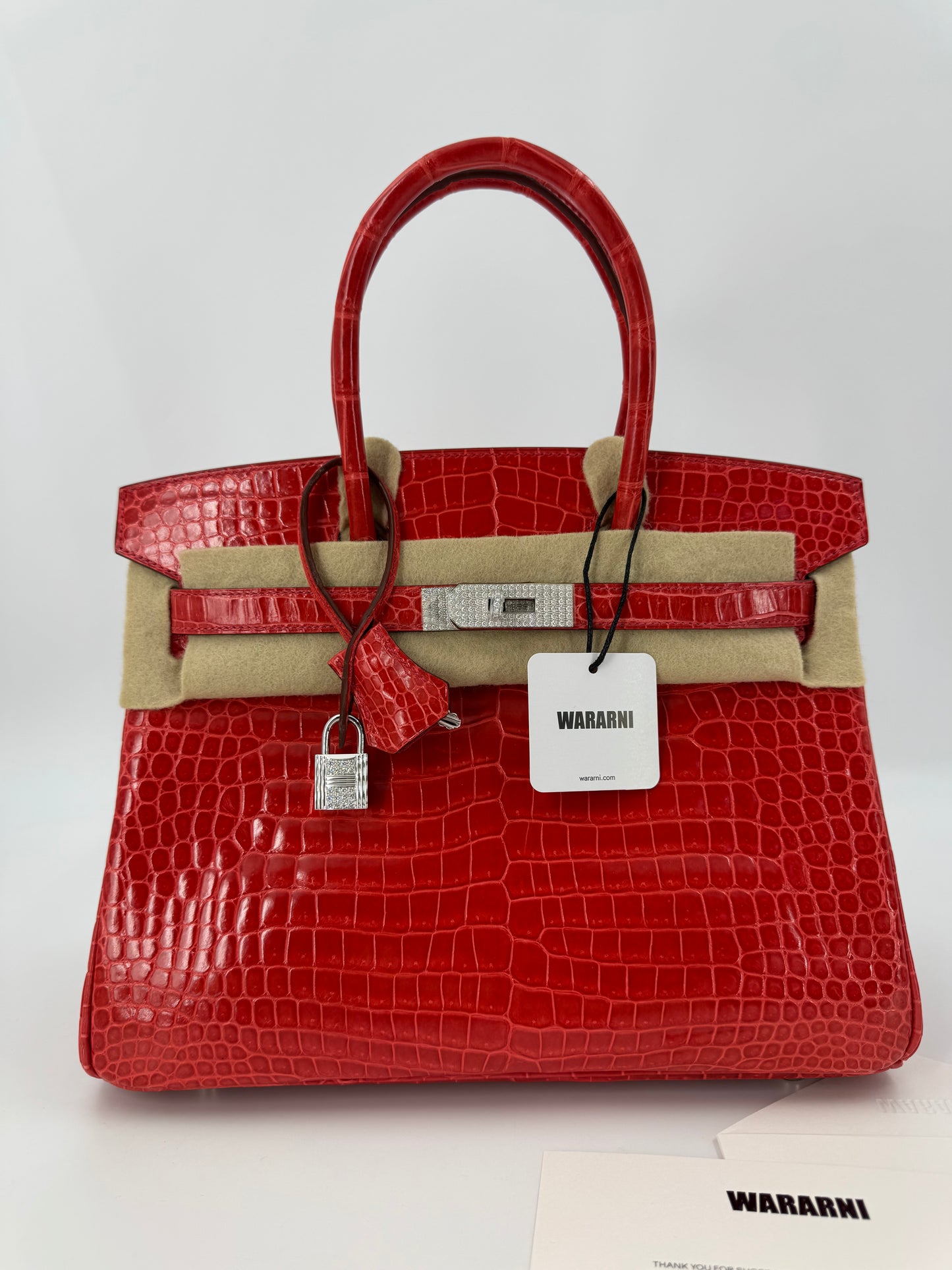 Hermès Birkin 30 Red Shiny Crocodile Leather 18k White Gold & diamond hardware