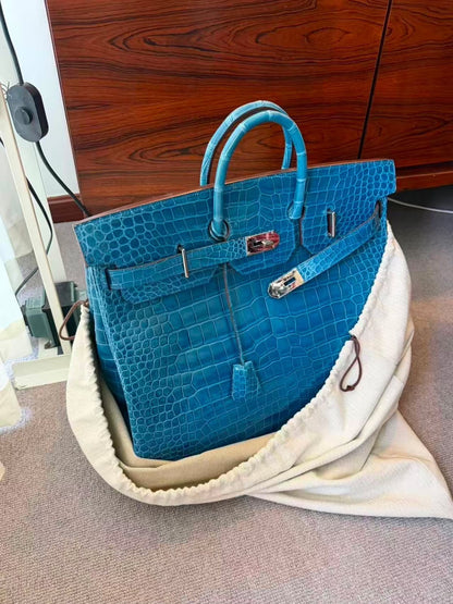 Hermes Birkin HAC 50 Blue Mykonos shiny porosus crocodile leather palladium hardware