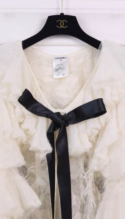 Chanel 2009 Paris-Moscow White Wool Black Bow Cardigan