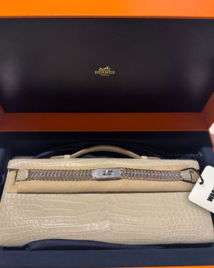 Hermes Kelly cut Unchained Beton Matte Porosus White Gold hardware
