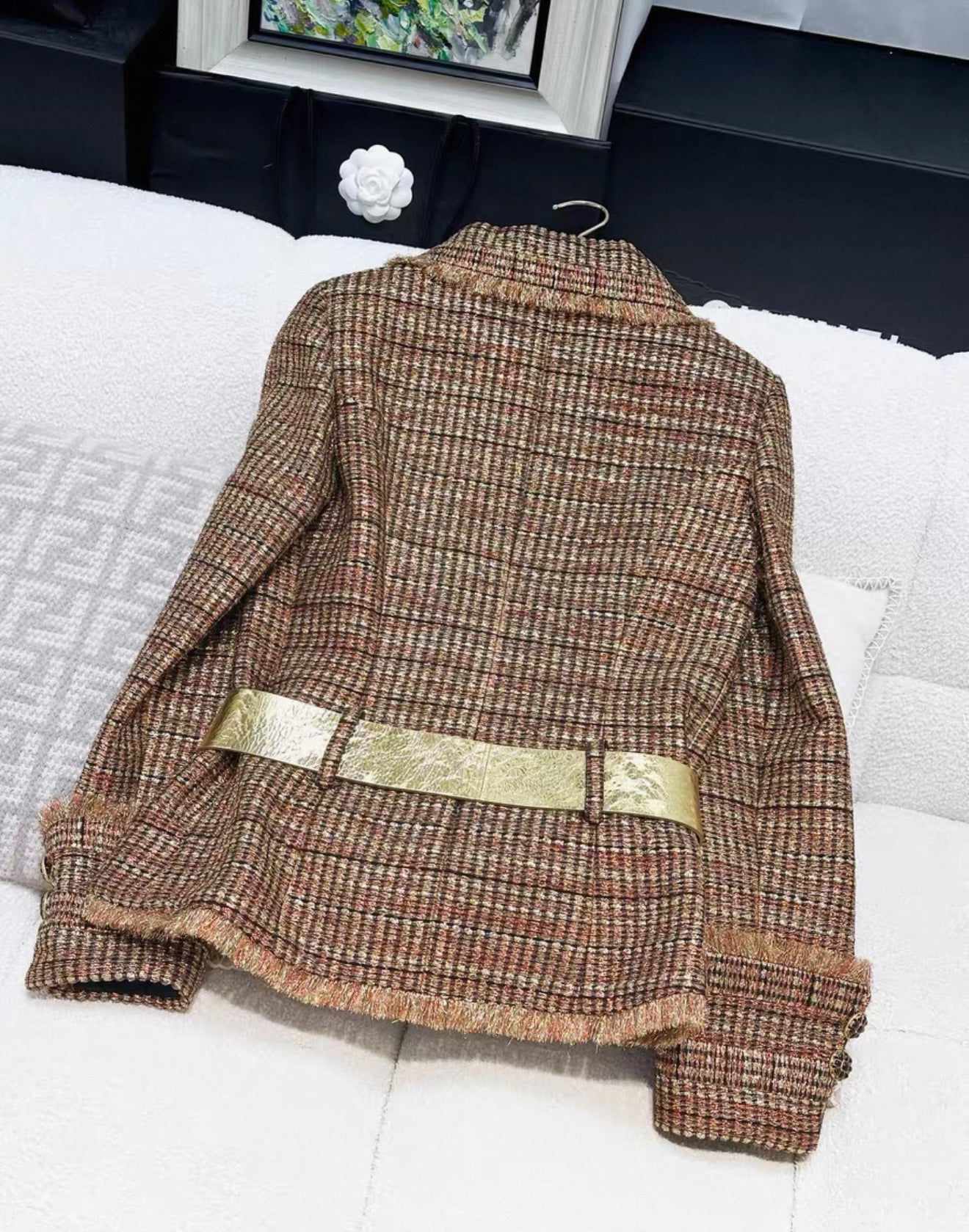 Chanel 19A Gold/Red/Black Tweed Jacket with Golden Beetle Belt