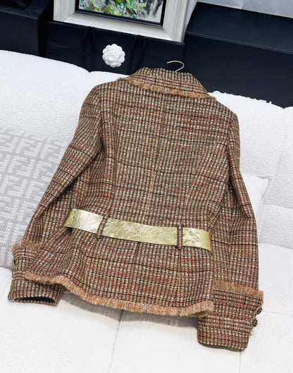 Chanel 19A Gold/Red/Black Tweed Jacket with Golden Beetle Belt
