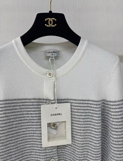 Chanel 24M coco beach gray and white striped cardigan size 34