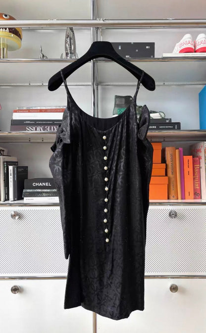 Chanel 23S black silk dress with gloves