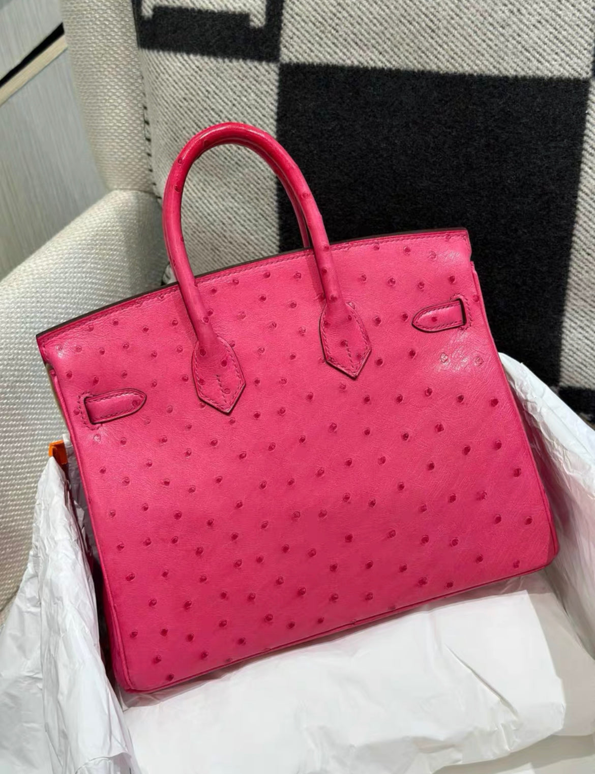 Hermes Birkin bag 25 Fuschia pink　Ostrich leather Palladium hardware