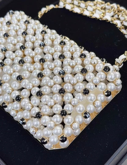 Chanel 23s black and white color gold metal pearl evening bag minaudière