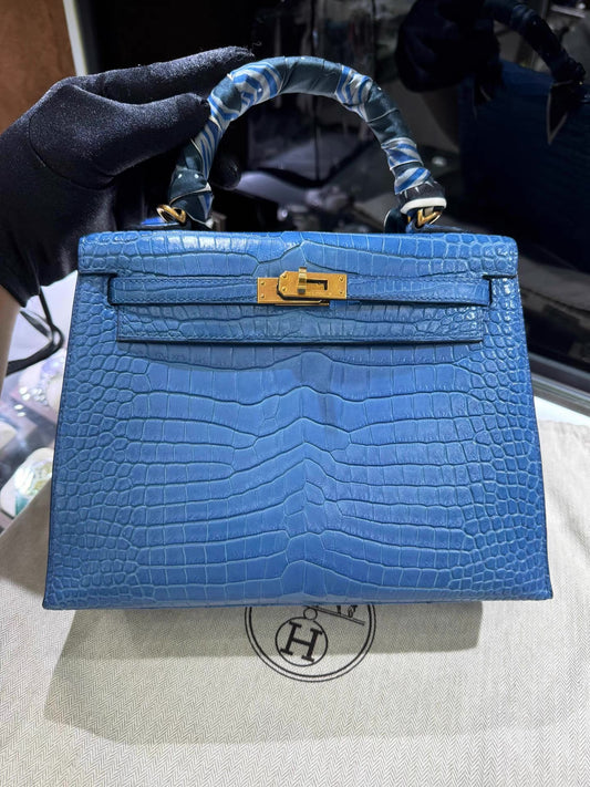 Hermes Kelly 25 Bleu Mykonos Matte Alligator Leather Gold Hardware