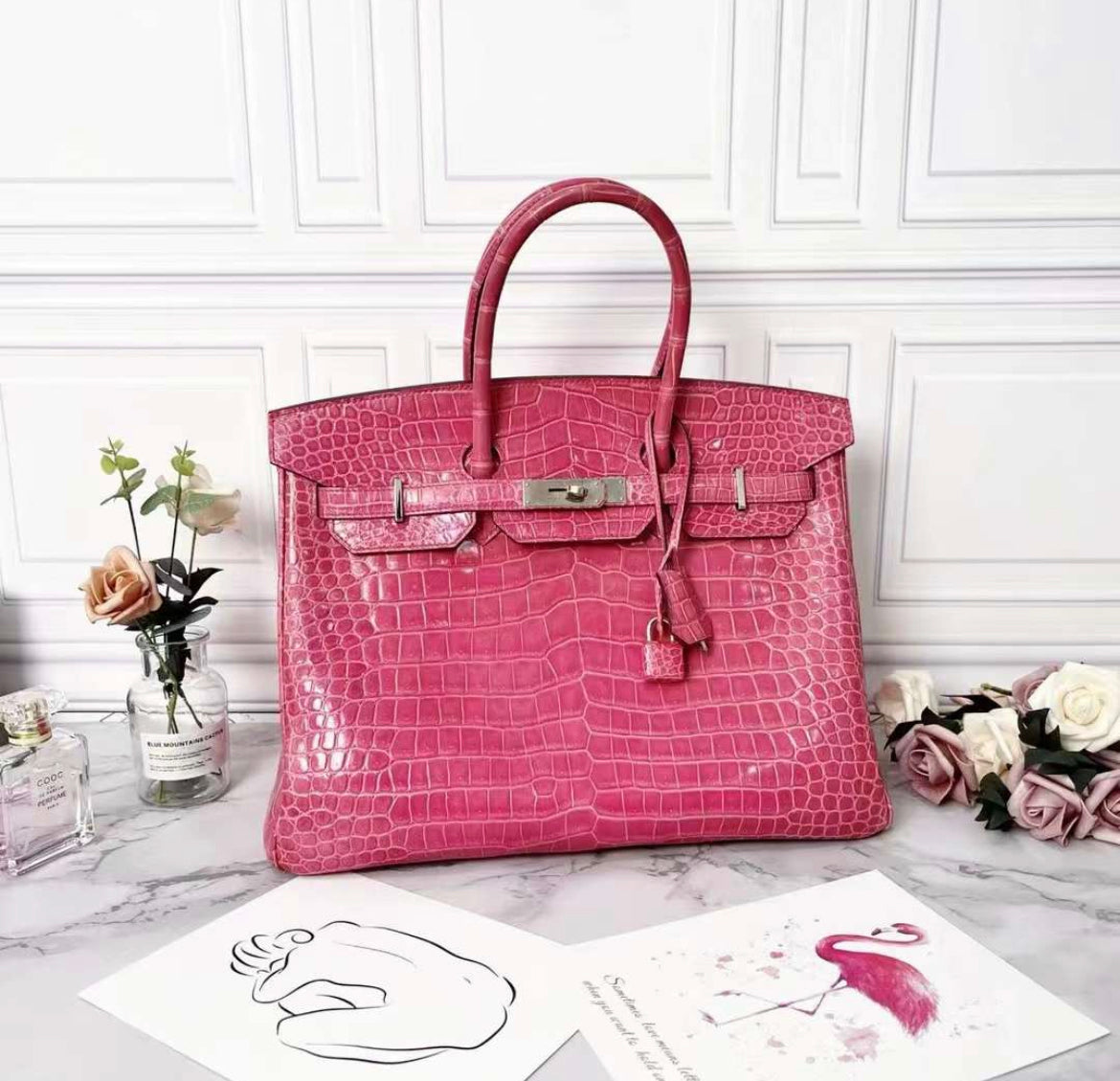 Hermes Birkin 35 Rose Pourpre Shiny Porosus Crocodile Palladium Hardware