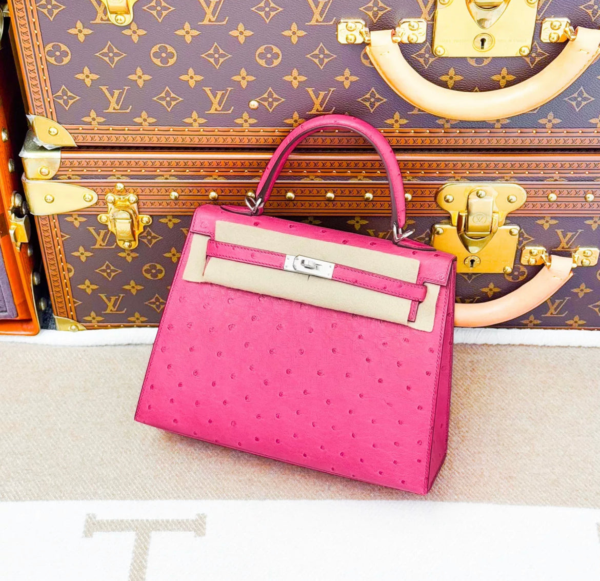 Hermes Kelly 25 Retourne Bag Pink Ostrich with Palladium Hardware