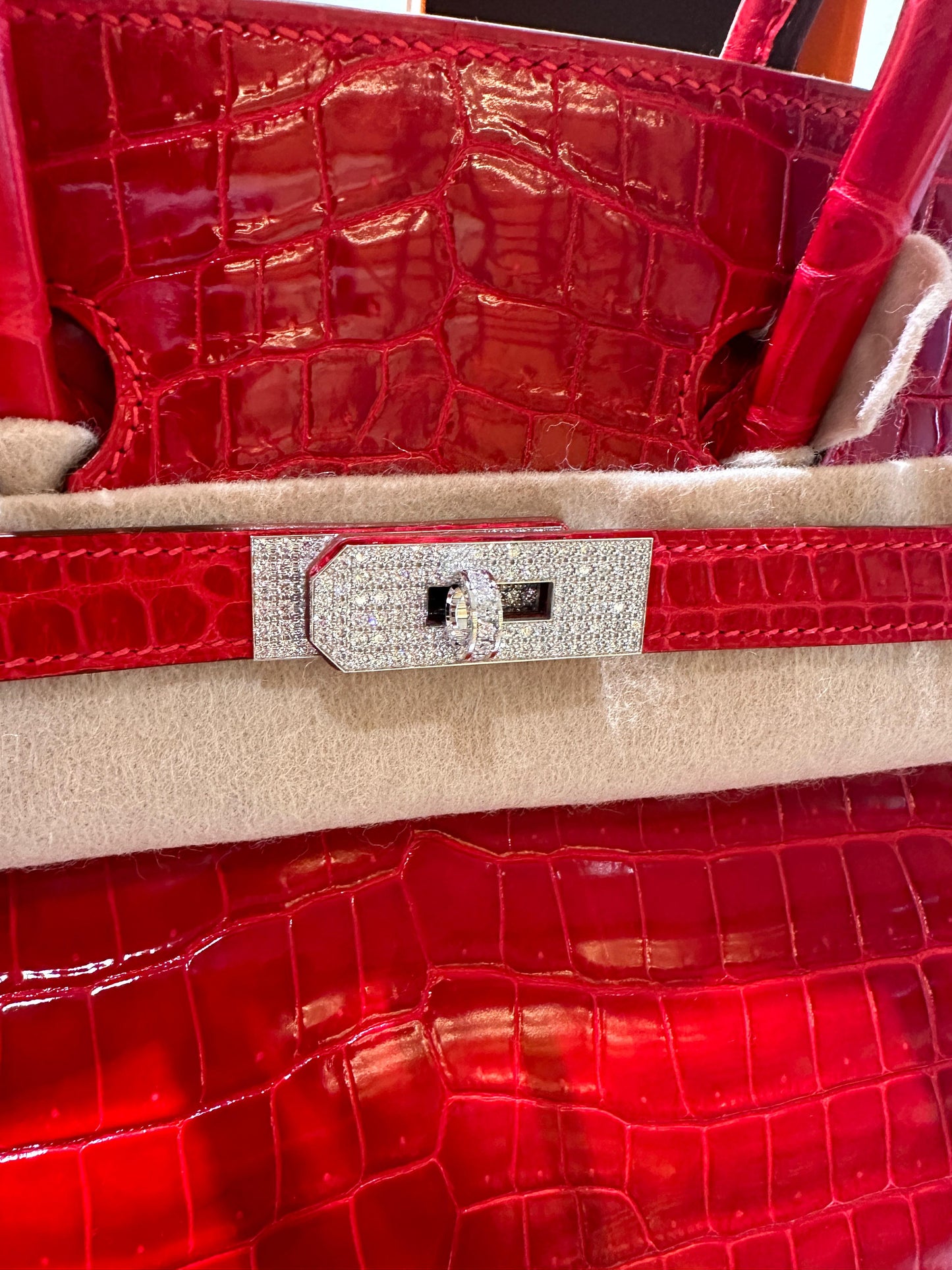 Hermès Birkin 35 Rouge Braise Shiny Porosus Crocodile 18K White Gold and Diamond Hardware