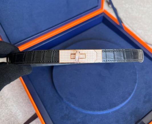 Hermes Rose Gold Diamond Matte Alligator Kelly Belt Black