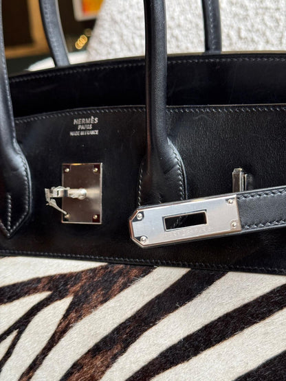Hermes Birkin 35 Black Box Zebra Print Pony Fur Palladium hardware