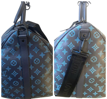Louis Vuitton LIMITED EDITION Keepall Navy Teal River Bandouliere 50 Monogram Shadow!