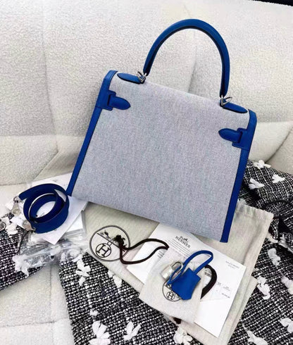 Hermès Kelly Limited Edition 28 Bleu France Swift Toile Palladium Hardware PHW