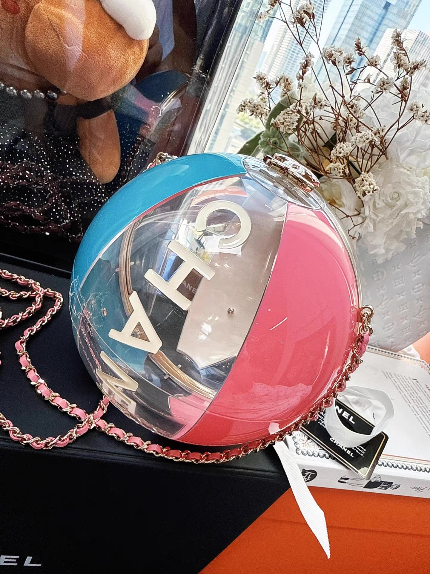Chanel 2019 Pink, Clear and Blue Resin Coco Beach Ball Minaudière Light Gold Hardware