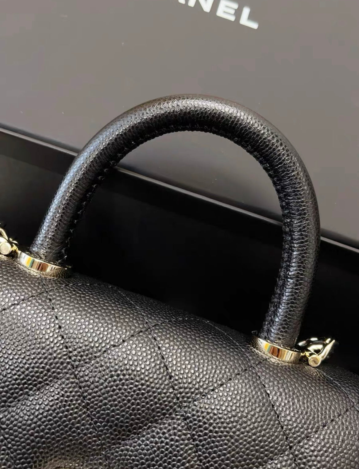 Chanel 24K Nano Coco Top Handle Flap Bag Black Caviar Light Gold