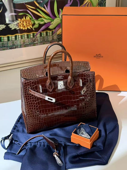 Hermes Birkin 20 Brown Shiny Crocodile Porosus Diamond Hardware