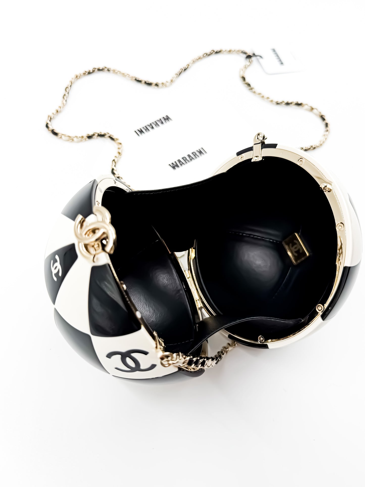 Chanel 23C Black & White Resin & Enamel Checker Sphere Minaudiere with Light Gold Hardware