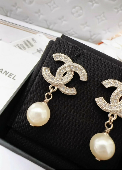 Chanel classic light gold diamond double C pearl earrings