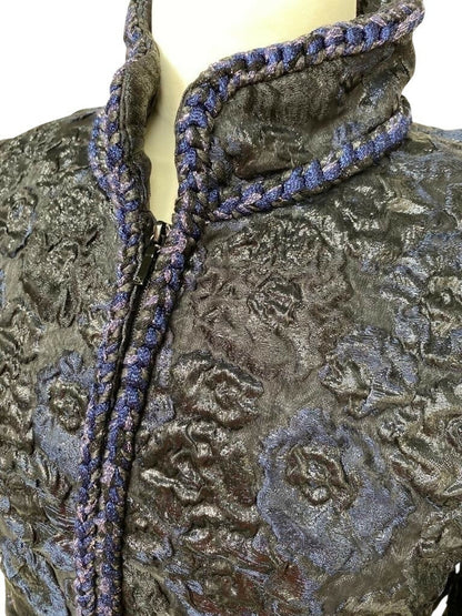 Chanel 16A Paris Rome Black Navy Metallic Camellia Jacquard Braid Long Coat Jacket FR 38