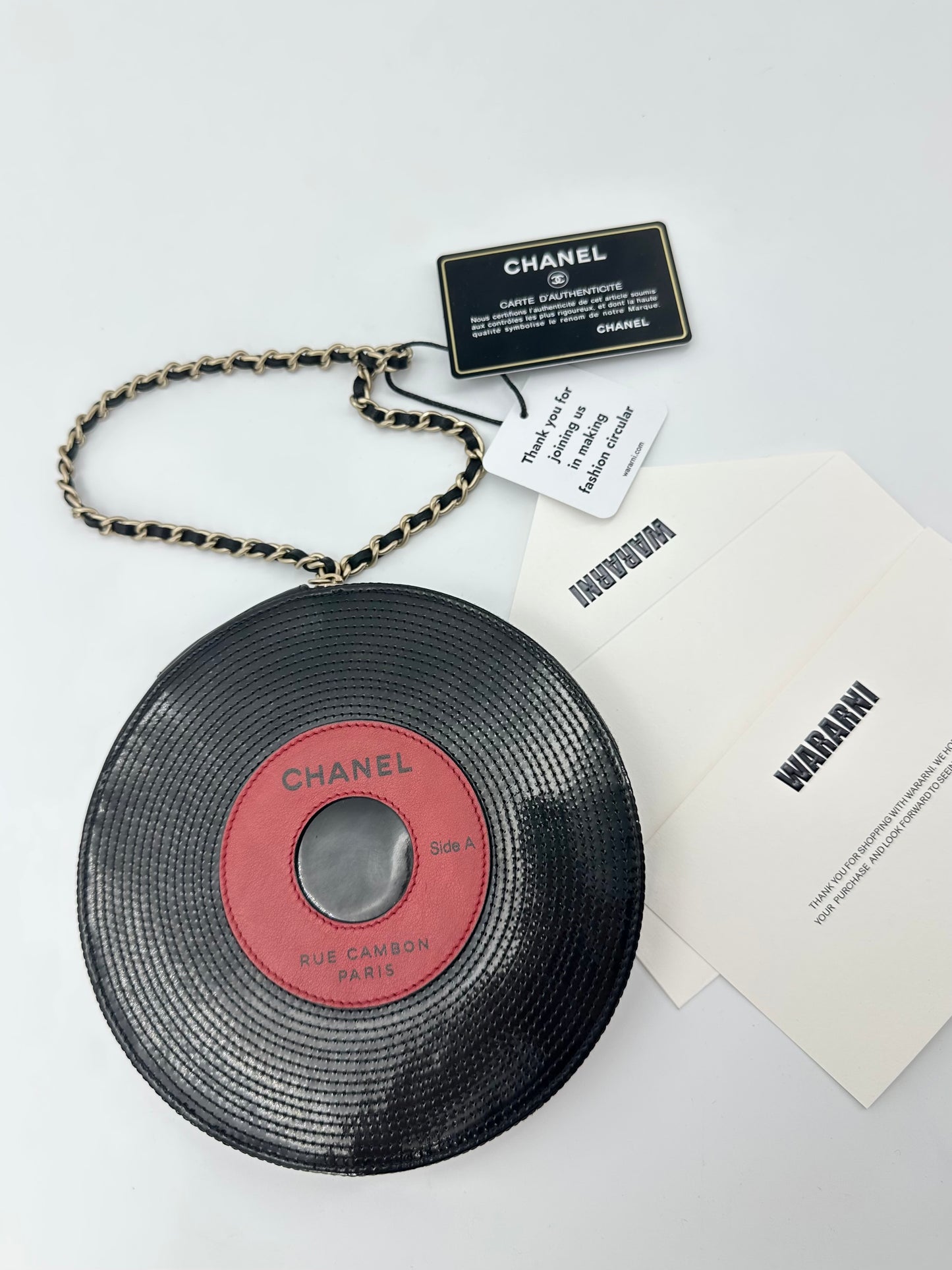 Chanel Black x Red Vinyl Record Motif LP Disc Chain Clutch Bag