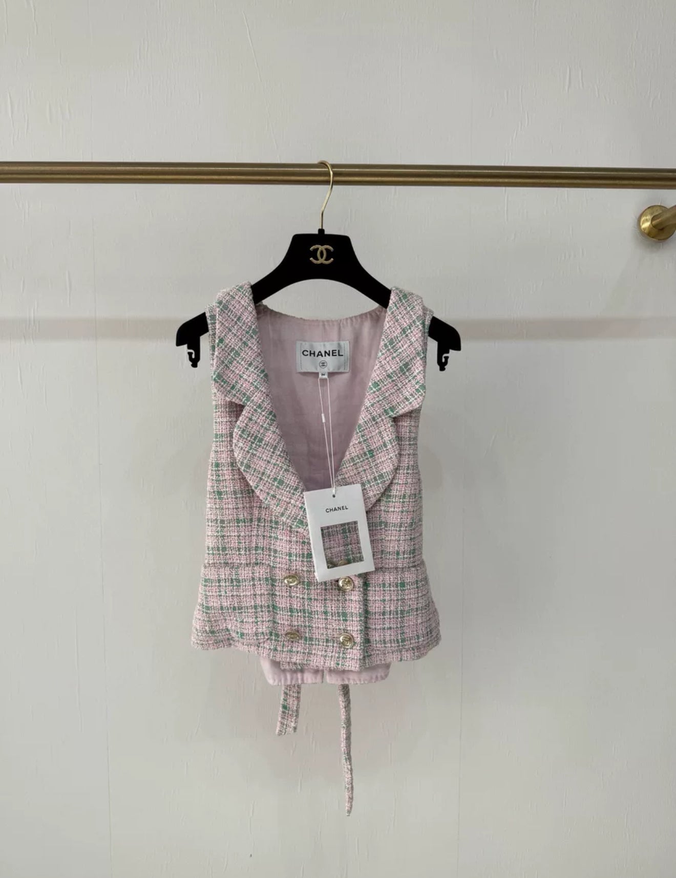 Chanel 21S pink green tweed check vest jacket – Wararni.com