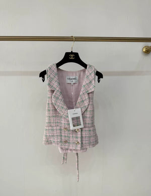 Chanel 21S pink green tweed check vest jacket