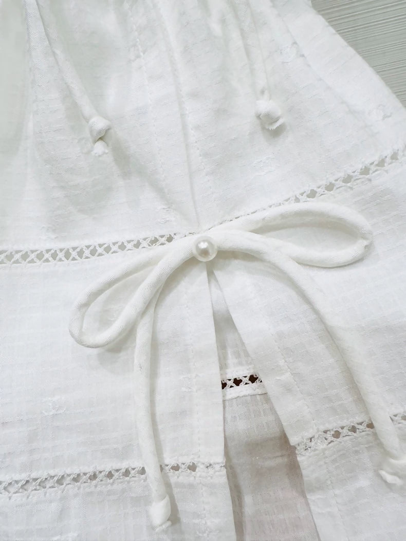 Chanel 25p white top with pearl laces