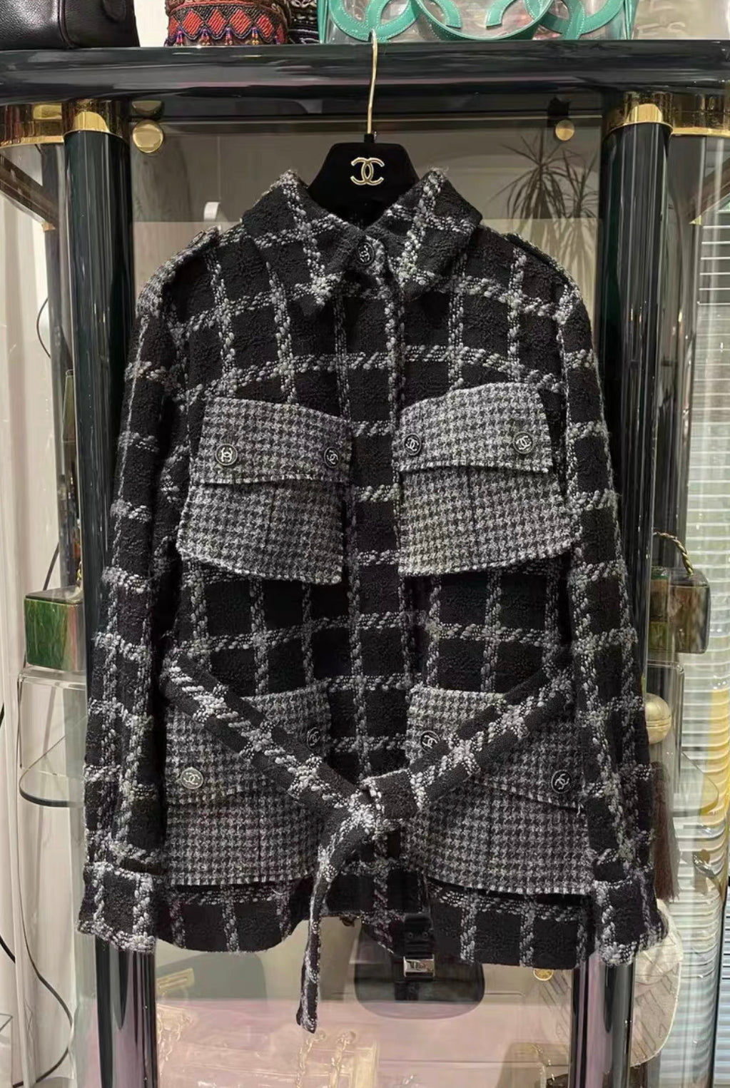 chanel 22k four pocket check tweed runway jacket size 34