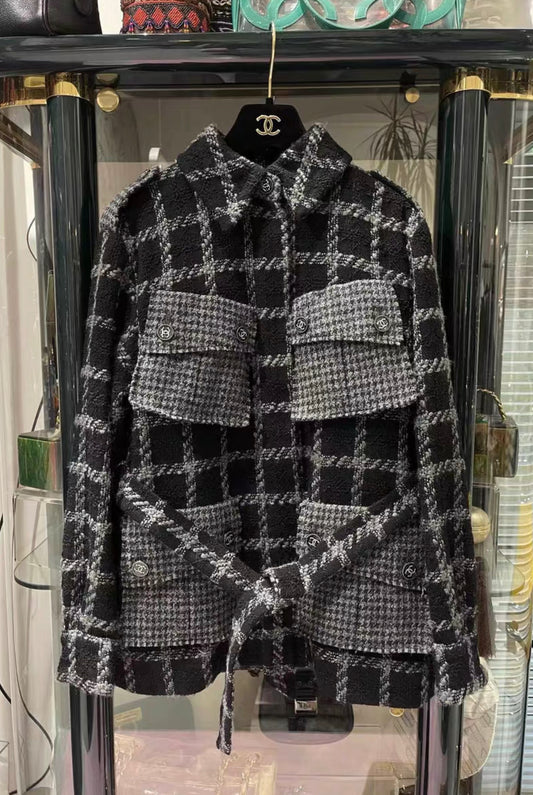 chanel 22k four pocket check tweed runway jacket size 34