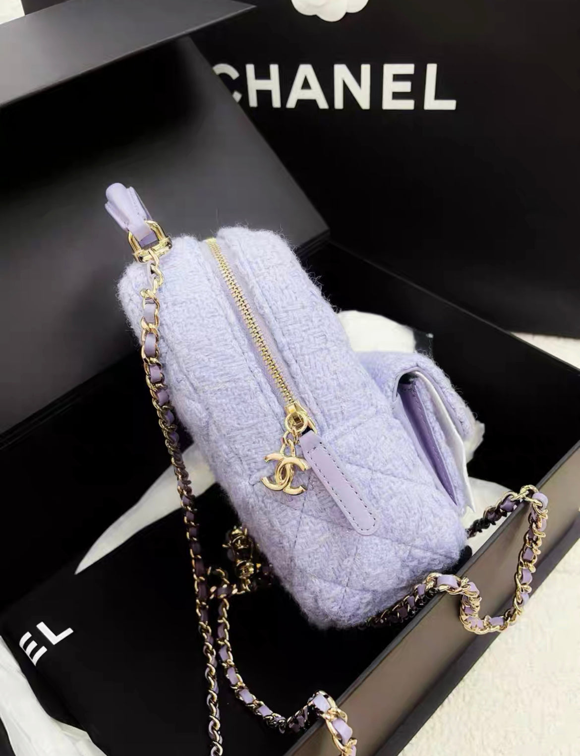 Chanel 24A CLASSIC MINI BACKPACK Wool Tweed & Gold-Tone Metal Lilac –
