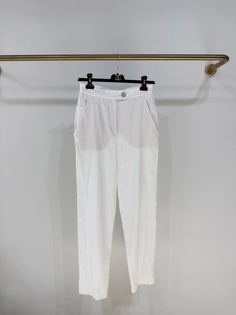 Chanel 20P White Striped Rhinestone Button Straight Leg Pants