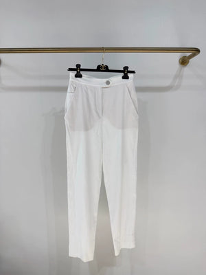 Chanel 20P White Striped Rhinestone Button Straight Leg Pants