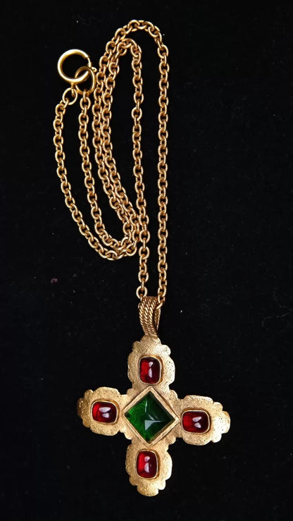 Vintage Chanel 1991 Red and Green Glass Cross Pendant Necklace