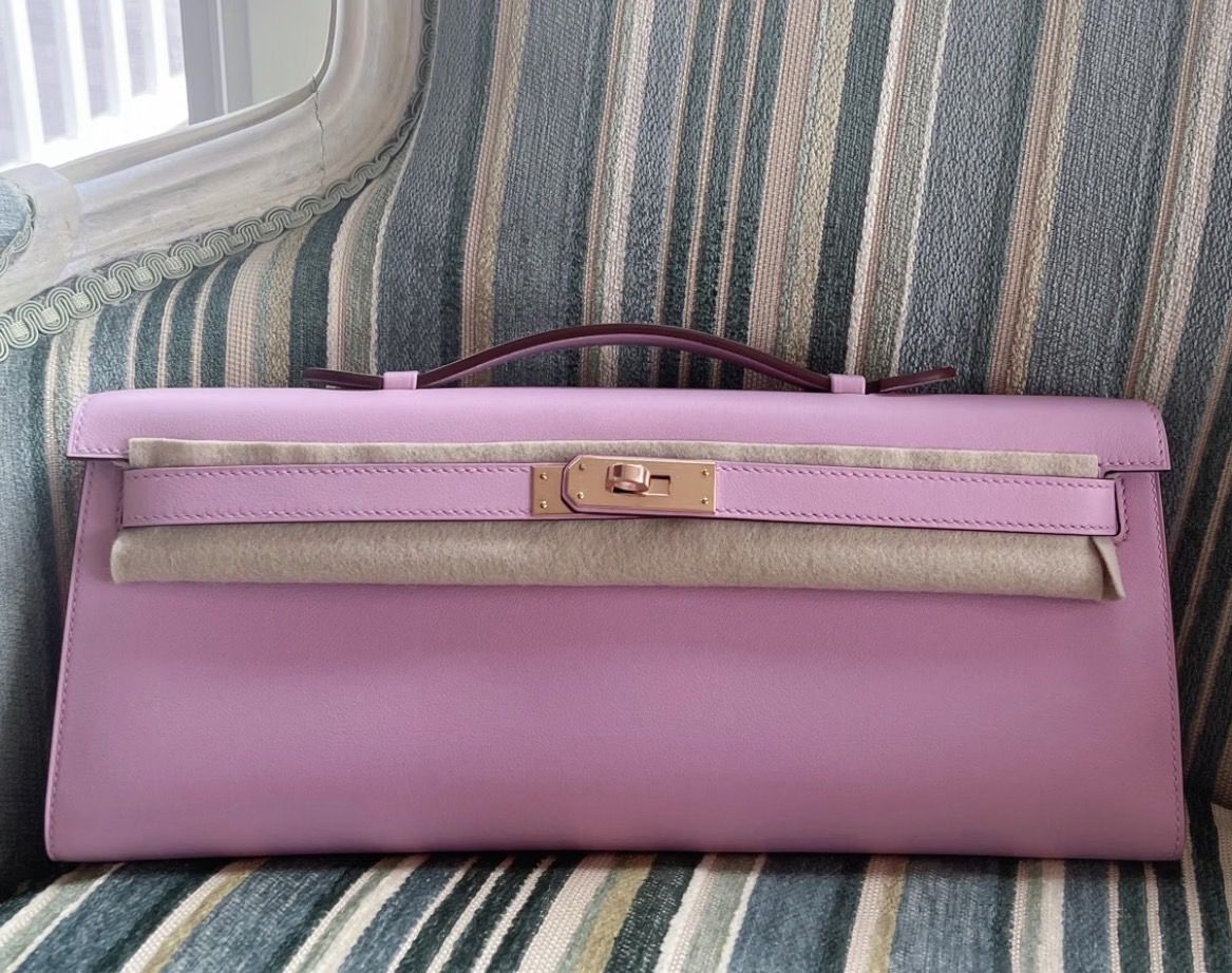 Hermès Kelly cut Mauve Sylvestre Swift Leather Gold Hardware
