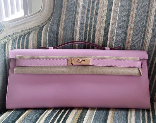 Hermès Kelly cut Mauve Sylvestre Swift Leather Gold Hardware