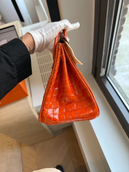 Hermes Birkin 25 Orange Shiny croc Leather Palladium Hardware
