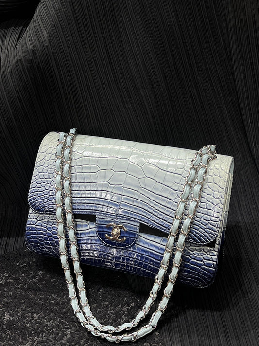 Chanel Light Blue Matte Crocodile Leather Maxi Flap Silver hardware