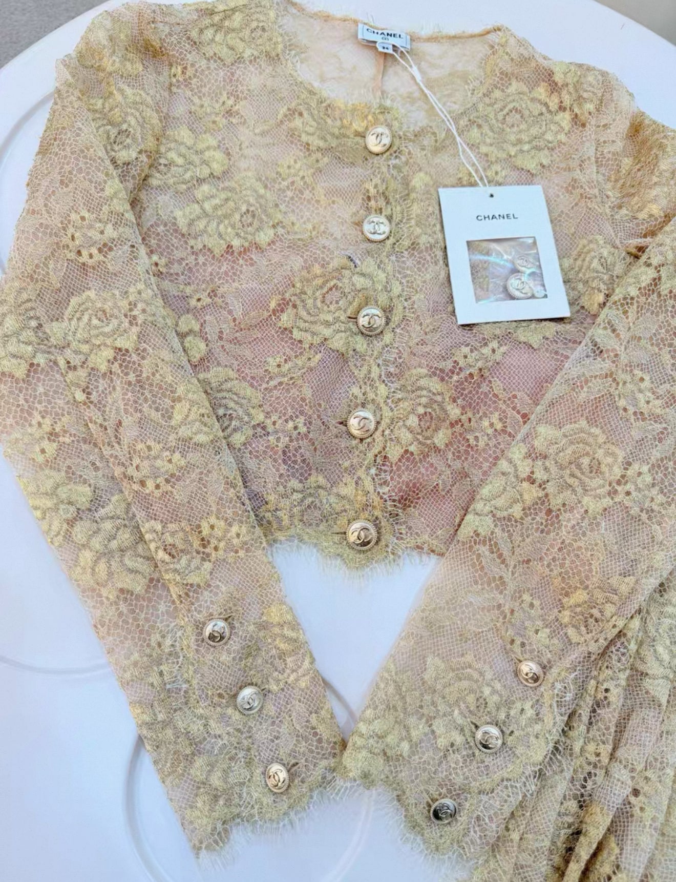 Chanel 20A Beige & Gold Lace Blouse