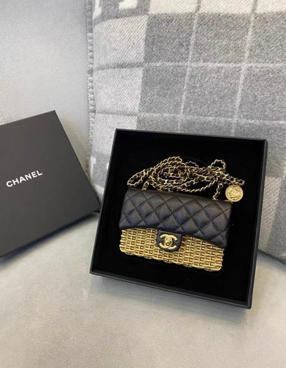 CHANEL 23C Woven Metal Lambskin Quilted Small Flap Black Gold