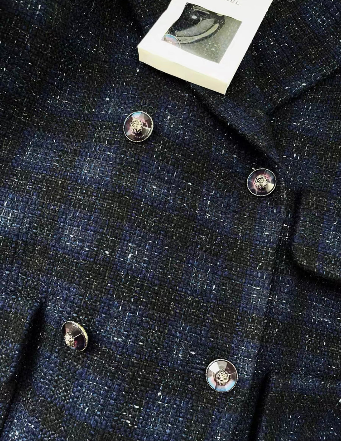 Chanel 24A CABAN Iridescent Wool Tweed Navy Blue, Black & White