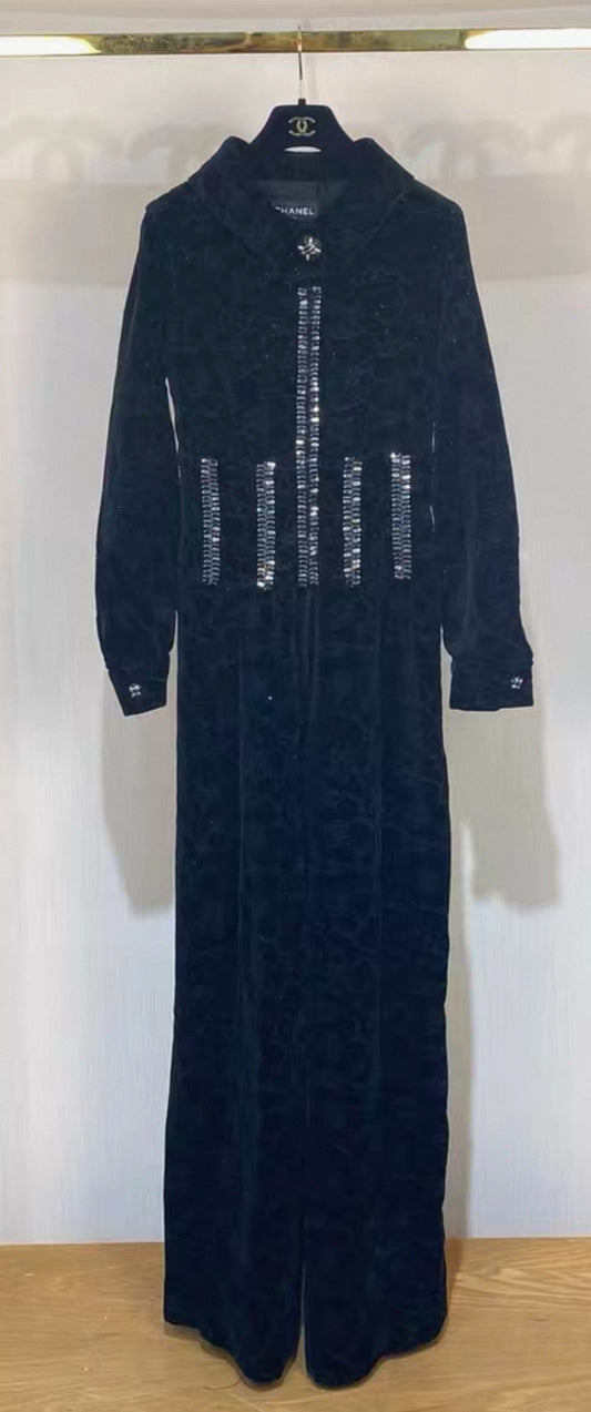 Chanel 14k Black Embroidered velvet jumpsuit