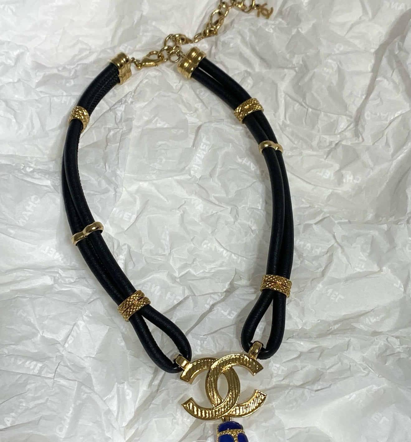 Chanel 19A Blue Beetle Double C Pendant Necklace