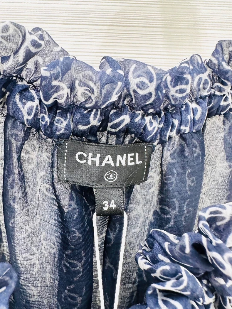Chanel 25P blue silk top with all-over double C print