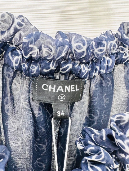 Chanel 25P blue silk top with all-over double C print