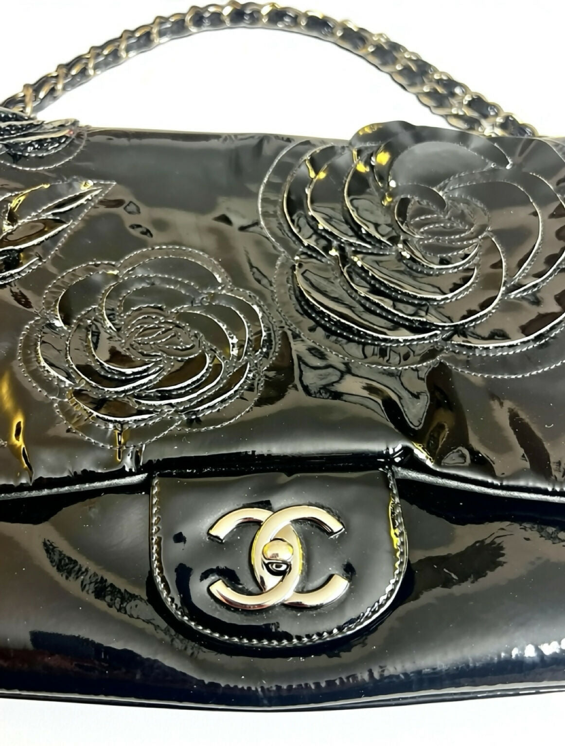 Chanel 10A Paris-Shanghai Jumbo Black Patent Leather Camellia Petals Accordion Flap Bag SHW