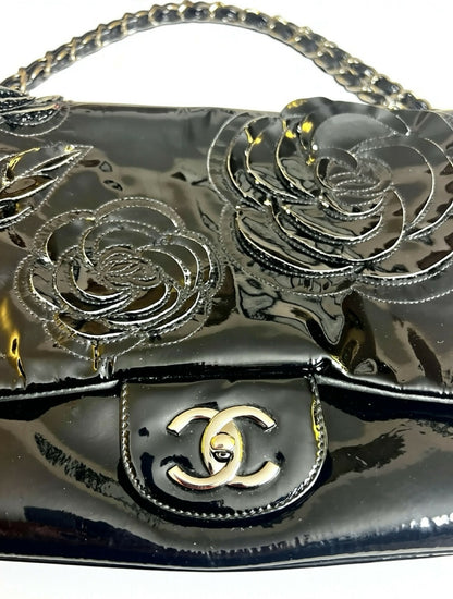 Chanel 10A Paris-Shanghai Jumbo Black Patent Leather Camellia Petals Accordion Flap Bag SHW