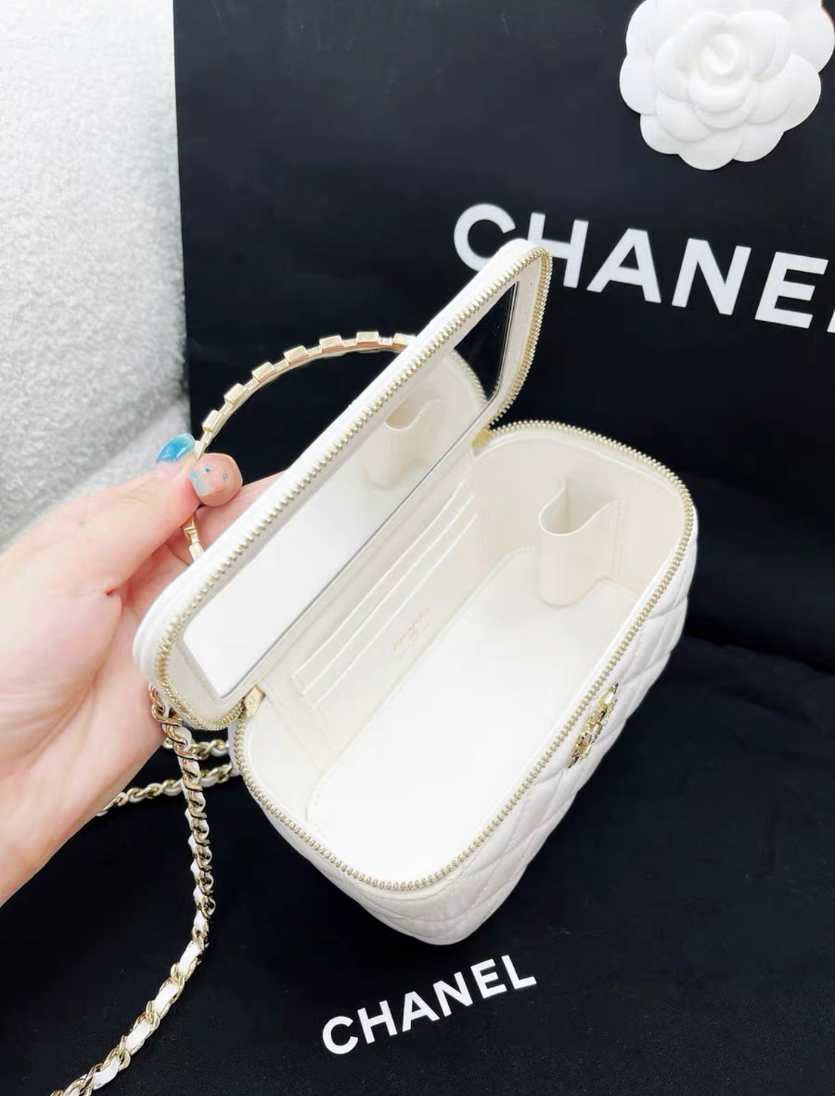 Chanel 24P white gold vanity case handle chain bag