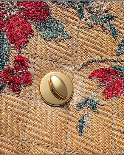 Chanel 1995 Raffia Jumbo flap bag with Red/Green/Gold embroidery and gold hardware red leather chain